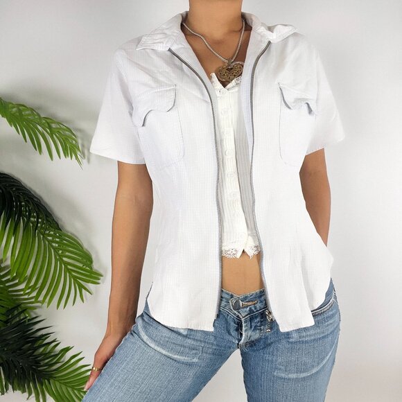 Vintage 90s Bill Blass Womens Plaid Short Sleeve Zip Up Cotton Blouse / Small - Picture 8 of 9